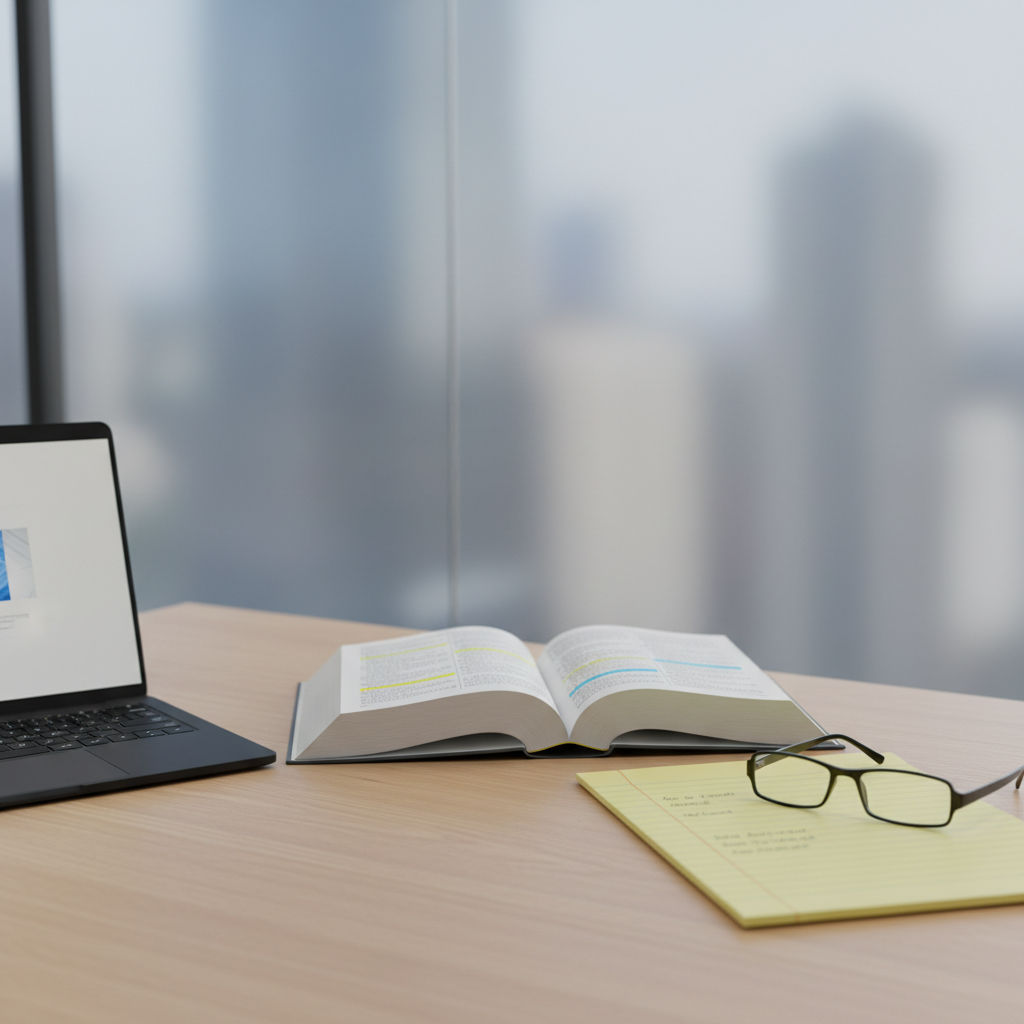 A meticulously organized attorney’s desk featuring a sleek, matte-black laptop partially open, a thick open legal textbook with fine-print pages, and a crisp yellow legal pad with neatly ruled lines. A pair of minimalist black reading glasses rests on the pad. The desk surface is a light oak wood, free of clutter, set before a frosted glass wall that softly diffuses the background. Soft, cool office lighting combines with a hint of natural daylight from an unseen window, creating even, shadow-free illumination. Photographic realism with a rule-of-thirds composition and moderate depth of field, projecting focus, diligence, and a modern professional environment without any people present.