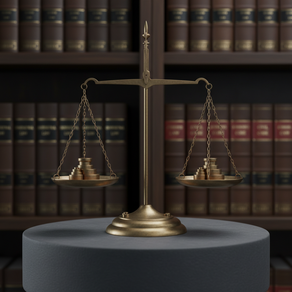 A close-up of an elegant, weighty bronze scale of justice resting on a smooth, charcoal-gray stone pedestal. Behind it, rows of leather-bound law books with gold-foil titles line dark wood shelves, softly out of focus. Cool, diffused studio-style lighting from the front and slightly above creates defined highlights on the metal surfaces and gentle shadows that emphasize the scale’s precise craftsmanship. Photographic realism with a centered composition and shallow depth of field draws attention to the balanced scales. The mood is serious, trustworthy, and refined, reinforcing a sense of legal authority and stability for a professional law firm website.